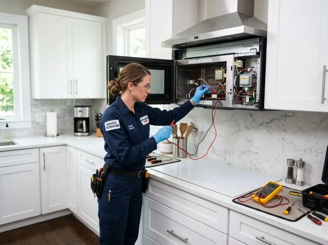 Appliance Repair Hero technician testing an over-the-range microwave in a Bedford Hills, NY kitchen